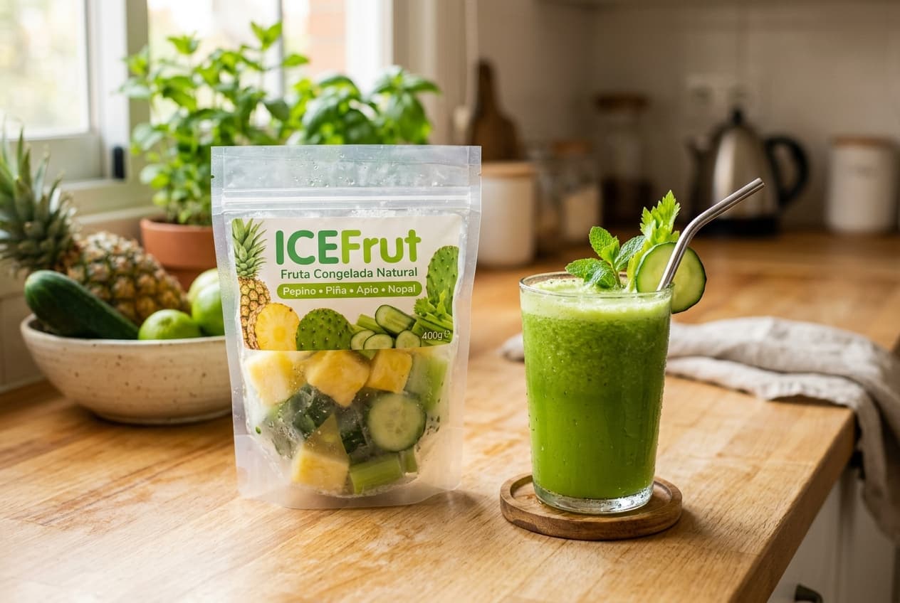 Jugo Natural ICEFrut preparado en vaso con pack congelado